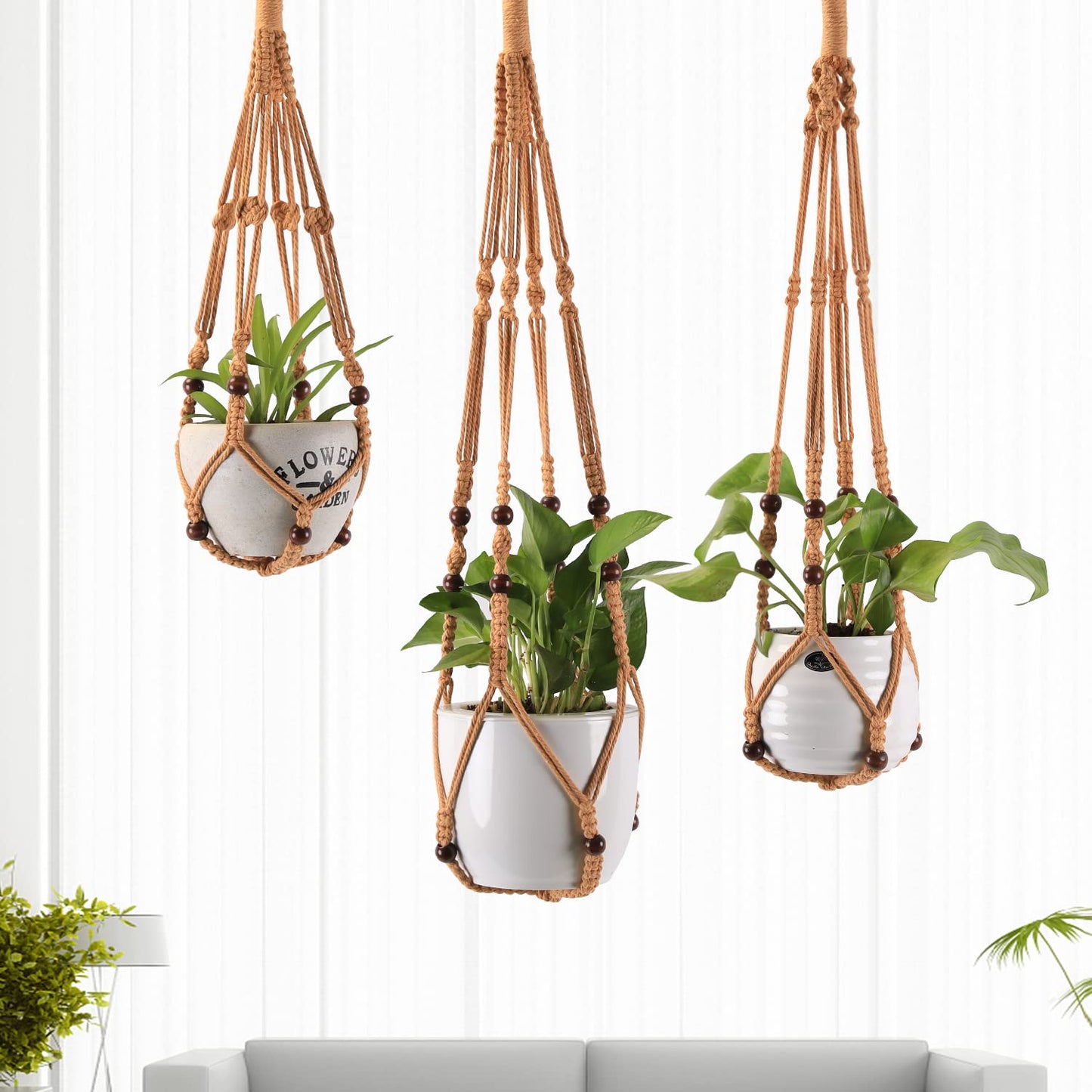 MKO SHUN 3-Pack Macrame Plant Hanger Indoor - Hanging Planter Basket for Indoor Outdoor - Decorative Boho Plant Holders Set with Beads - Ceiling Flower Pot Holder with 6 Hooks - 35"/30"/24" Brown