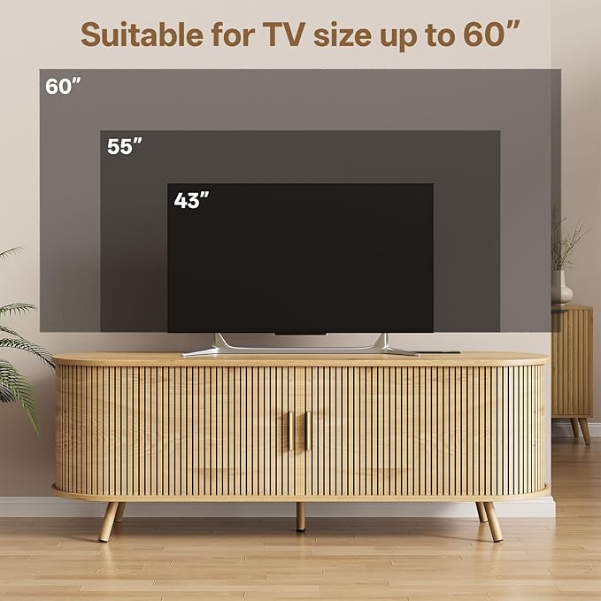 63 inch TV Stand with Power Outlet, Fluted Entertainment Center