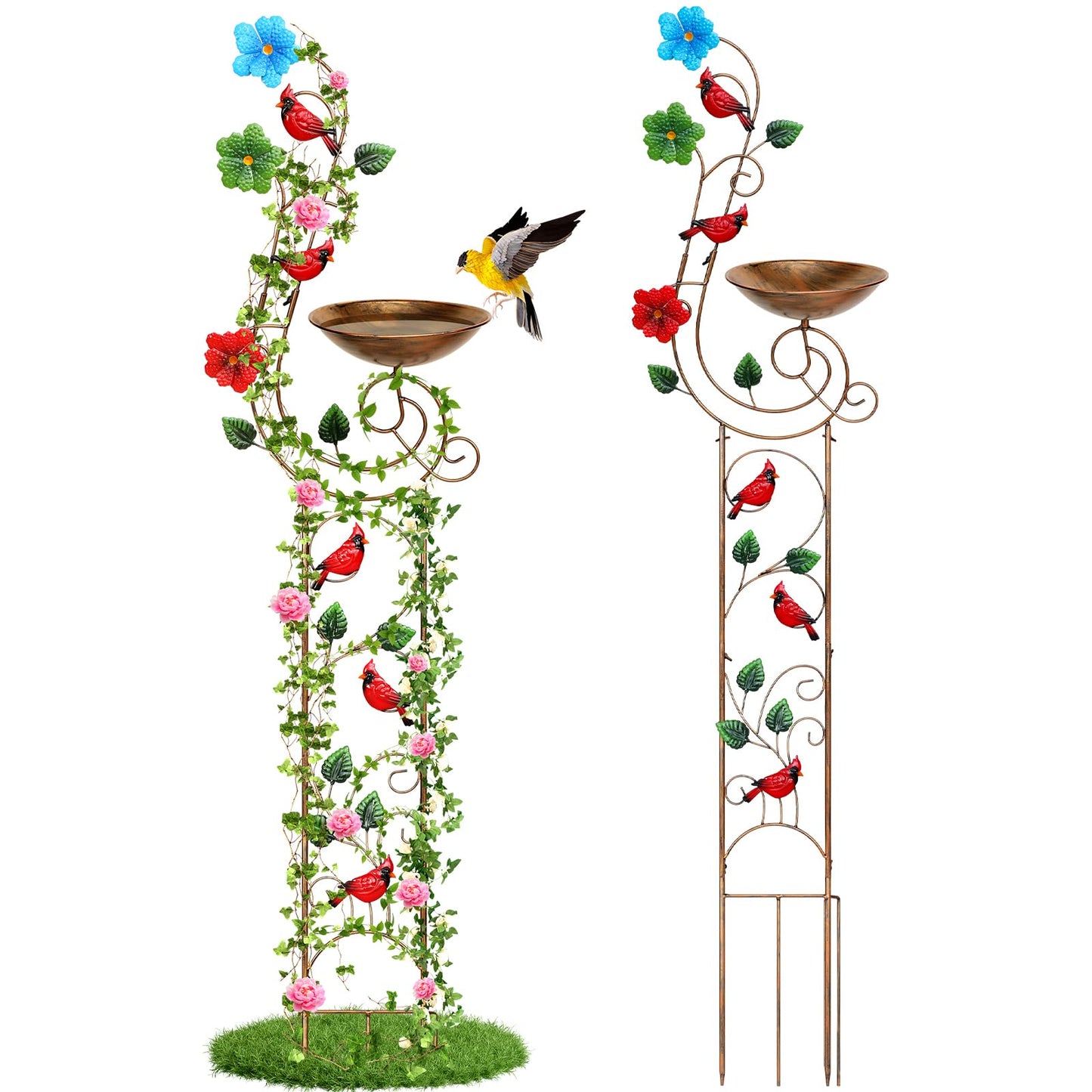 YADOOLIFE 57” Bird Bath with Garden Trellis for Climbing Plants Outdoor, Small Decorative Trellises Metal Birdbath Bird Baths, 1 Piece (Redbird)