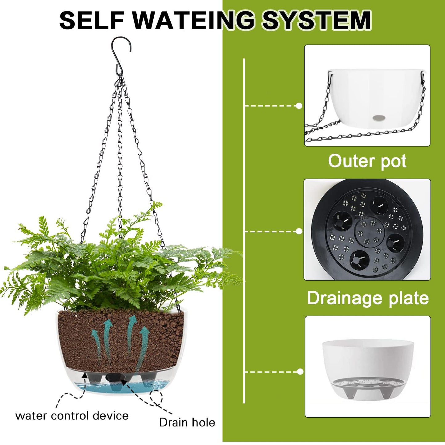 Sungmor Self Watering Hanging Planter for Indoor Plants, 9.4" & 11.2" 2-PACK Large White Plastic Hanging Basket, Garden Flower Pots with Hanging & Standing Design, Thickened Sturdy Drainage Plant Pots