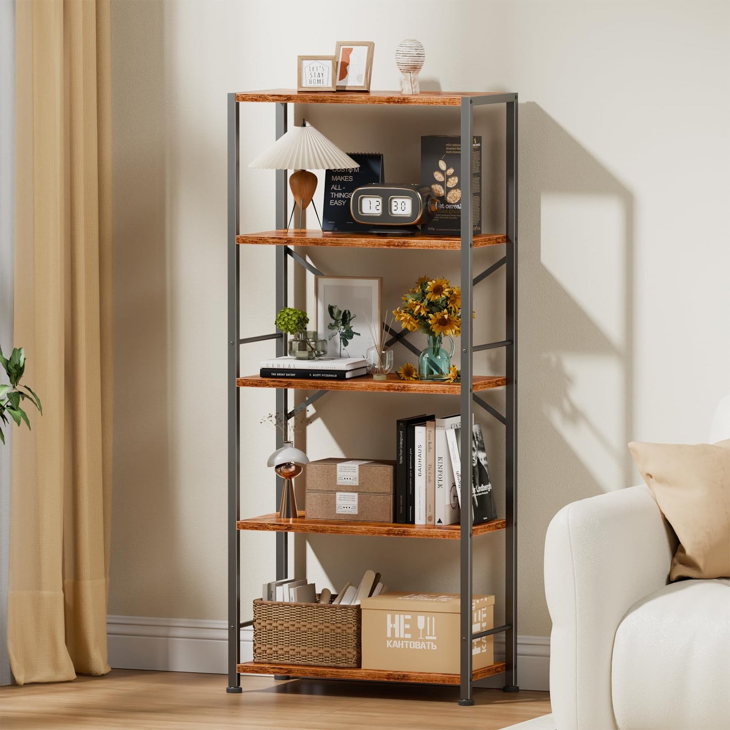 Furologee 5 Tier Book Shelf Set of 2, Tall Wide Bookshelf, Industrial Open Bookcase, Display Shelves Storage Organizer, Shelving Unit for Living Room, Home Office, Bedroom, Rustic Brown