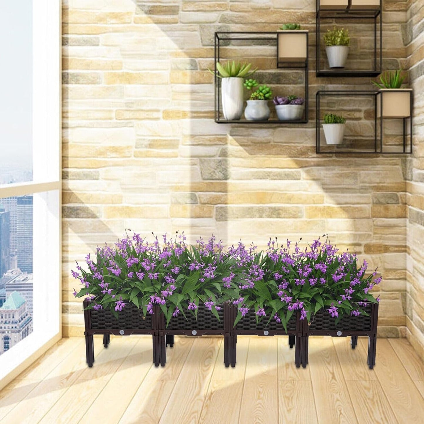 IOENC 4 Sets Raised Garden Bed, Garden, Raised Garden Beds Outdoor, Planter Boxes Outdoor, for Flowers Vegetables Flowers Growing Indoor Plants Fence Balcony Patio Gardening Supplies - Brown