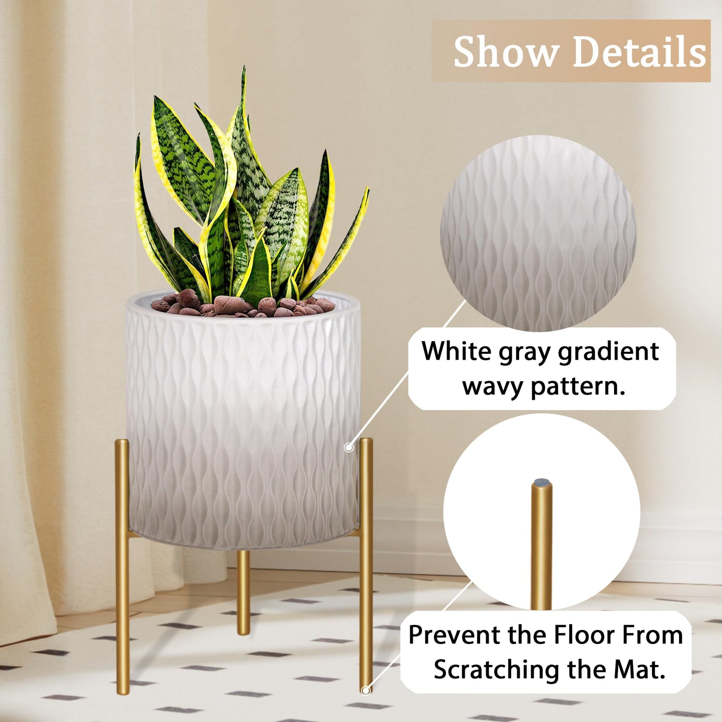 ARNIS Plants Pots with Stand, Set of 2 Indoor Planter Pots, Unique Mid Century Decorative Metal Flower Pots with Drainage,8.25 & 10.5 Inch, Grey and White