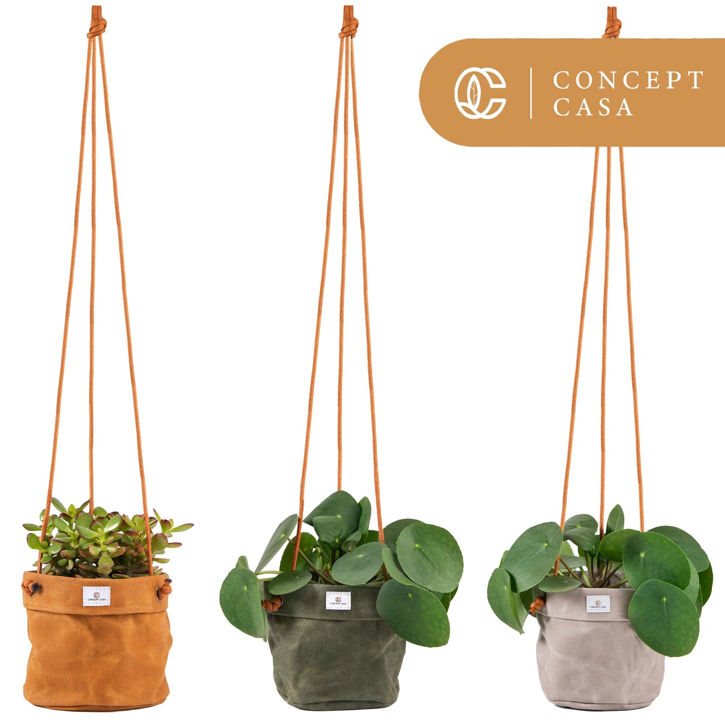 Concept Casa - Large Waxed Canvas Handmade Hanging Planter for Indoor/Outdoor Plants, Hanging Basket Plant Holder Stone Gray with Hook