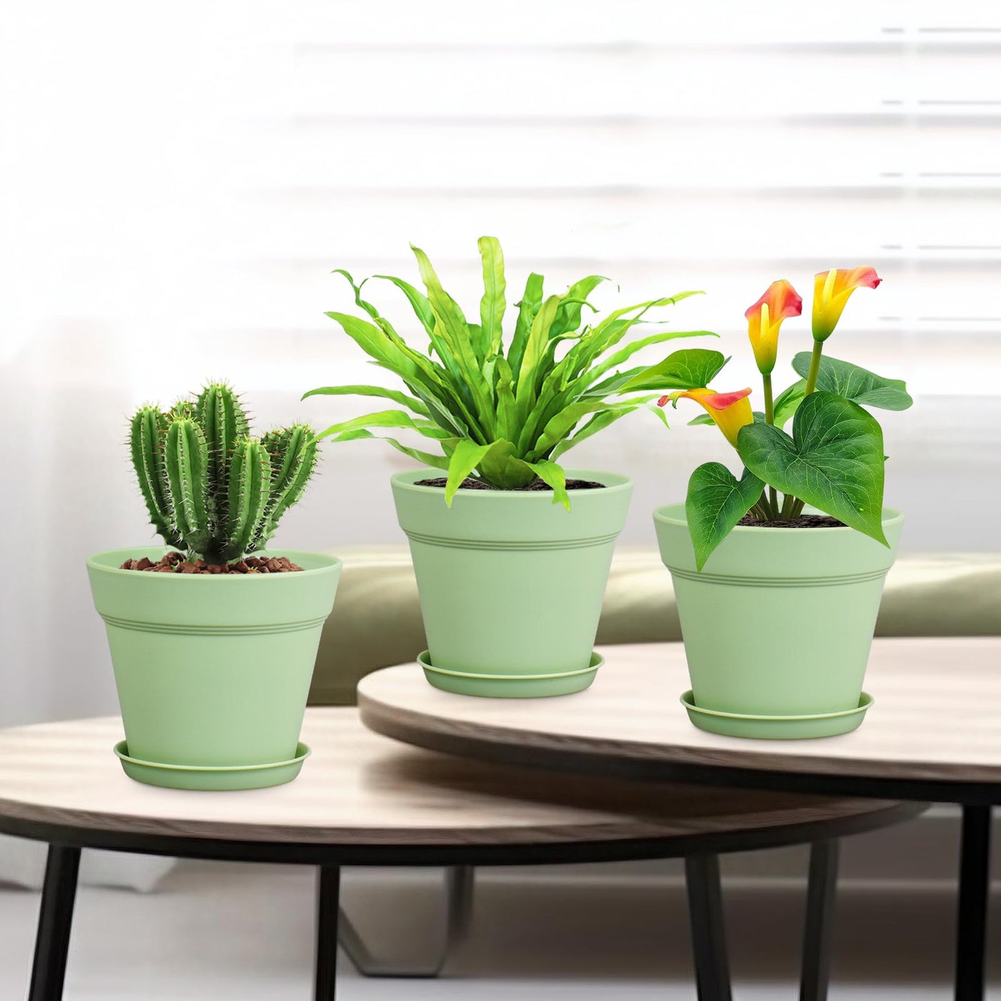 Meowell 6 inch Plastic Nursery Pots, 16 Pack Plant Pots for Small Indoor Outdoor Plants, Flower Pots with Drainage Holes and Saucers, Decorative Seeding Starter Planters for Houseplants, Green