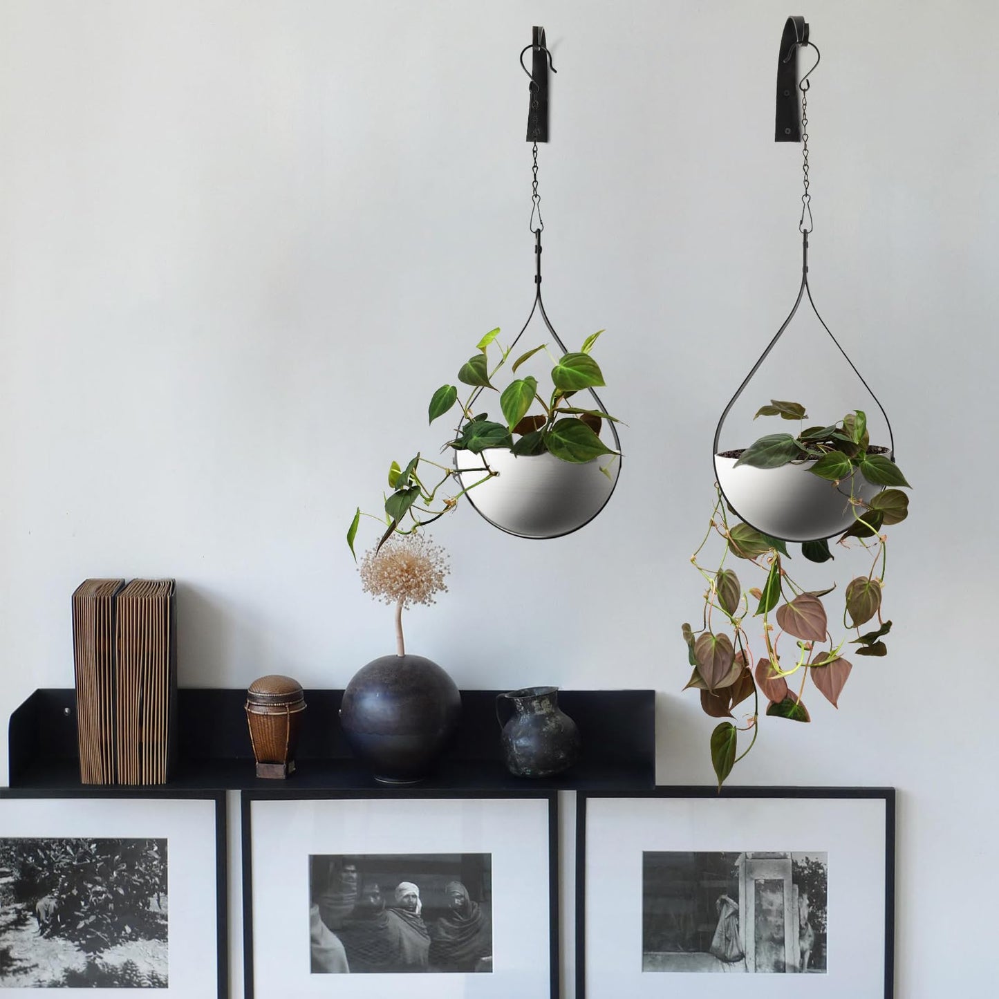 Hajia 2 Pack Waterdrop Shaped Hanging Planters, Black Iron Plant Hangers with Non-Detachable Pots, Modern Indoor/Outdoor Hanging Plant Holder