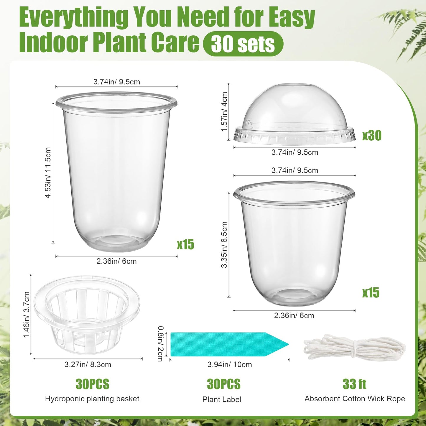30 Packs 3.3" 4.5" Self Watering Plastic Clear Nursery Pots with Humidity Dome Seed Starter Cups Kits Hydroponic Basket Plant Labels Automatic Watering Planter for Propagation Planting Seedling
