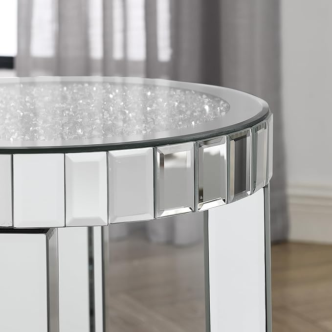 Mirrored Round End Table with Crystal, 2-Layer Modern Small Sofa Table with