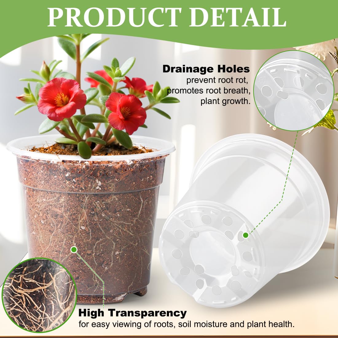 RooTrimmer 60 Pack 6 Inch Clear Nursery Pots for Plants, Flexible Plastic Plant Pots with Drainage Holes, Transparent Plant Starter Pots for Seedlings, Vegetable, Succulents, Flowers
