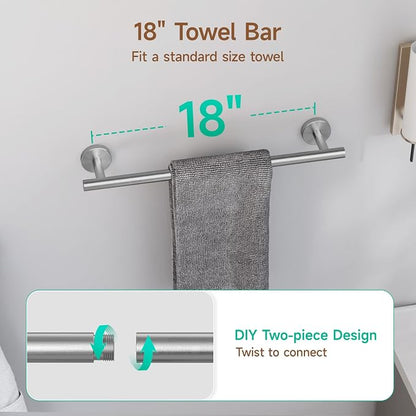 USHOWER Brushed Nickel Bathroom Hardware Set, Modern 18-Inch Towel Bar Set Wall Mounted, Durable SUS304 Stainless Steel Bathroom Accessories Set, 8-Piece