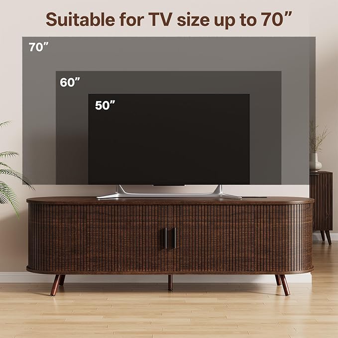 63 inch TV Stand with Power Outlet, Fluted Entertainment Center