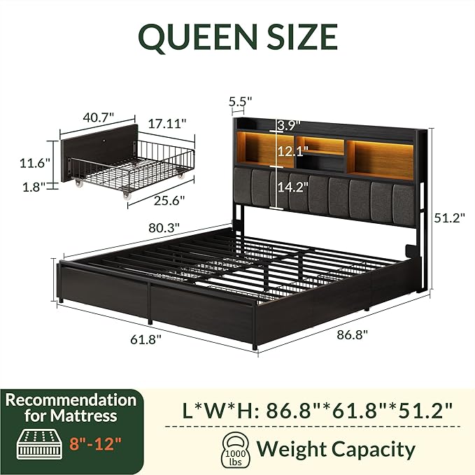 LARMACE Queen Bed Frame with 6 Storage Drawers, Bed Frame Queen Size with Linen