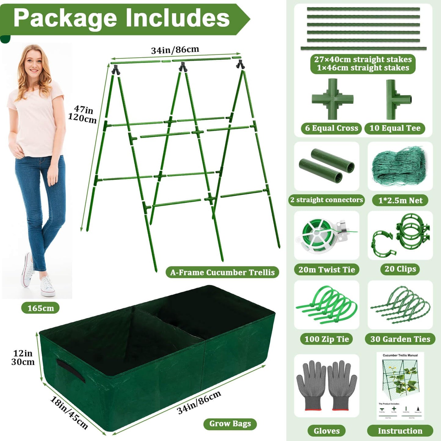 Tidponra Cucumber Trellis for Garden, 34 X 47 Inches A Frame Gardening Trellis with Fabric Raised Garden Bed, Climbing Net and Plant Support Clips for Climbing Plants