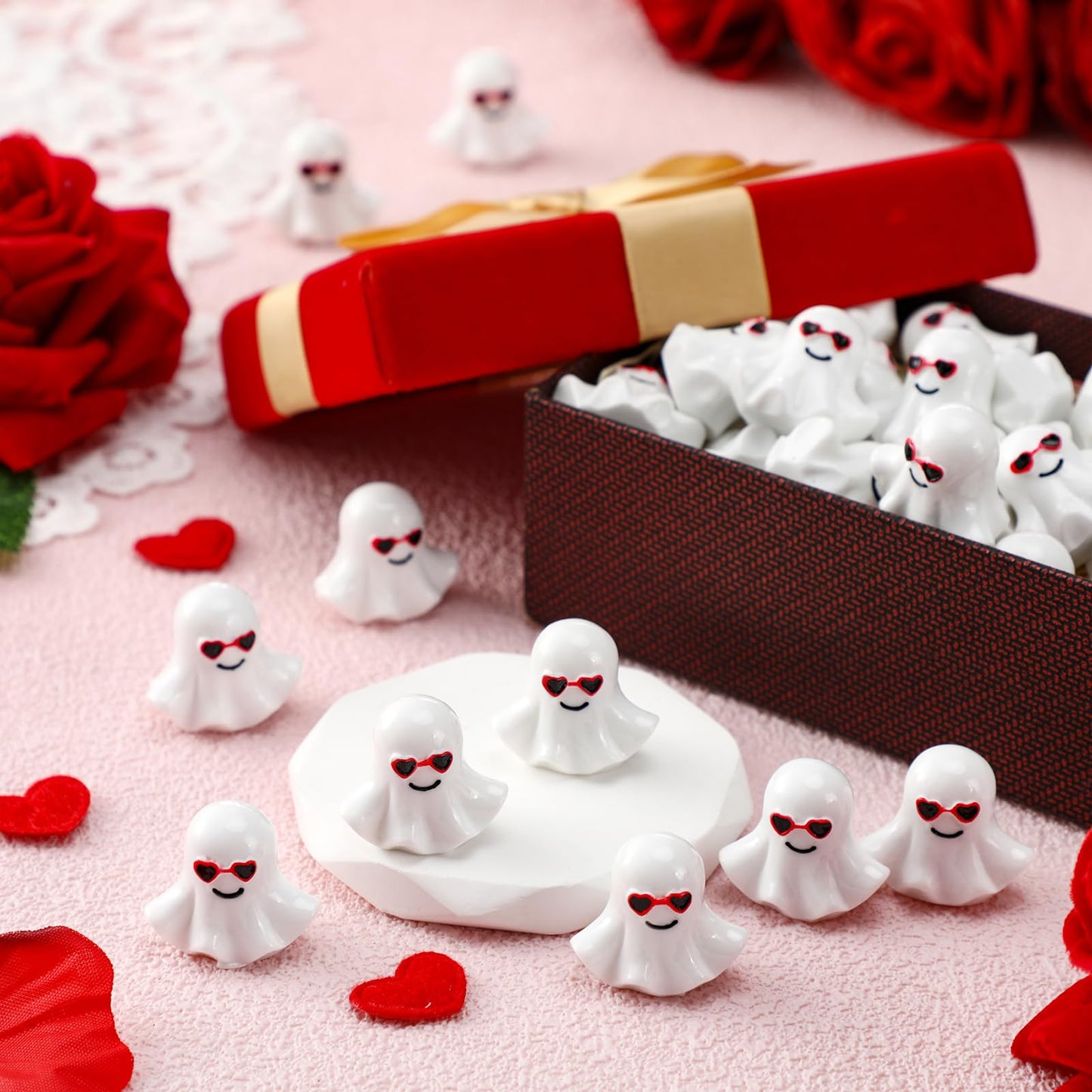 VioraWhite 50 Pcs Valentines Mini Ghost Figurines Cute Tiny Resin Ghost with Heart Sunglasses Miniatures Valentine's Day Romantic Gift Shelf Decor for DIY Crafts Landscape Garden Cake Topper Lawn