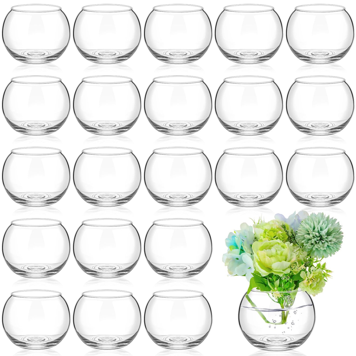 24 Pcs Glass Bubble Bowl Vase Bulk, Clear Round Glass Centerpiece Bowls for Valentine's Wedding Table Decor, Fish Flower Bud Vase Terrarium for Event Party DIY (3.5" h X 4.7" w)