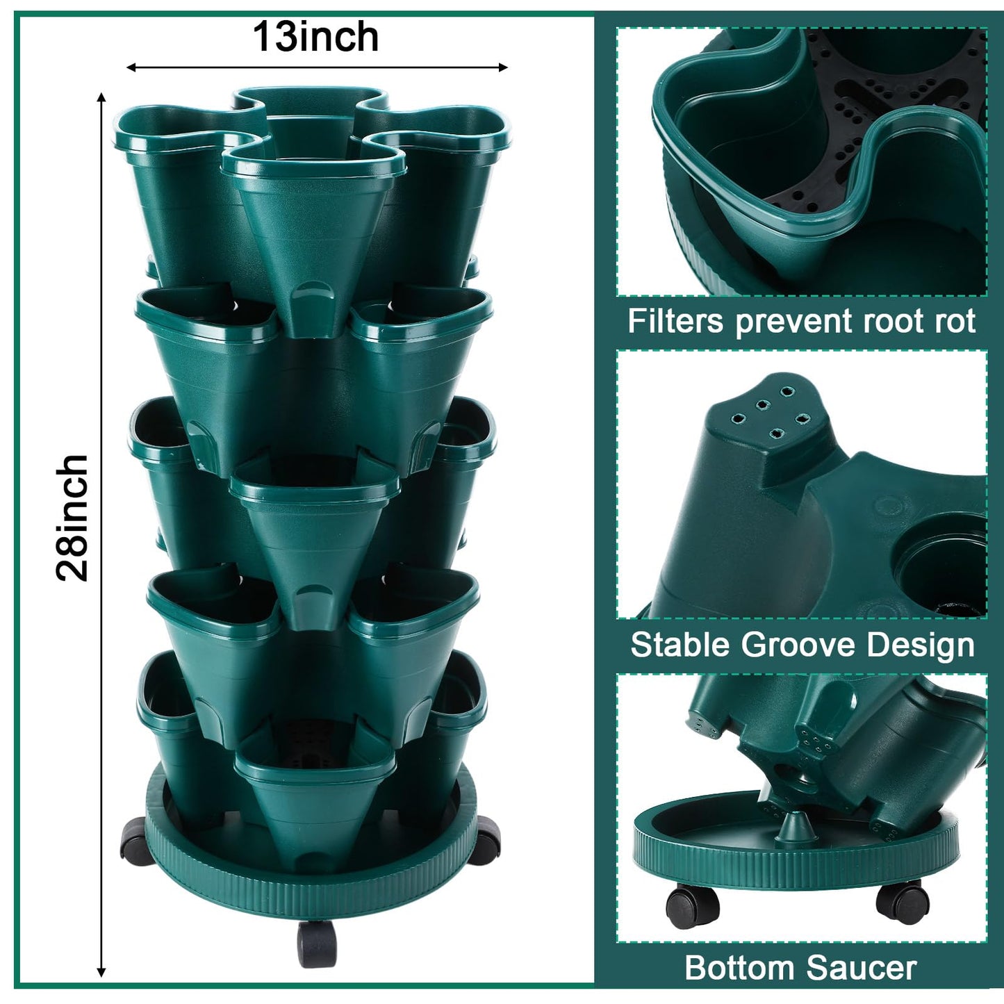 Umigy 2 Set 5 Tier Stackable Planters Vertical Garden Planters for Strawberry Herb Flower and Vegetable Indoor Outdoor Gardening Pots with Removable Wheels and Bottom(Dark Green)