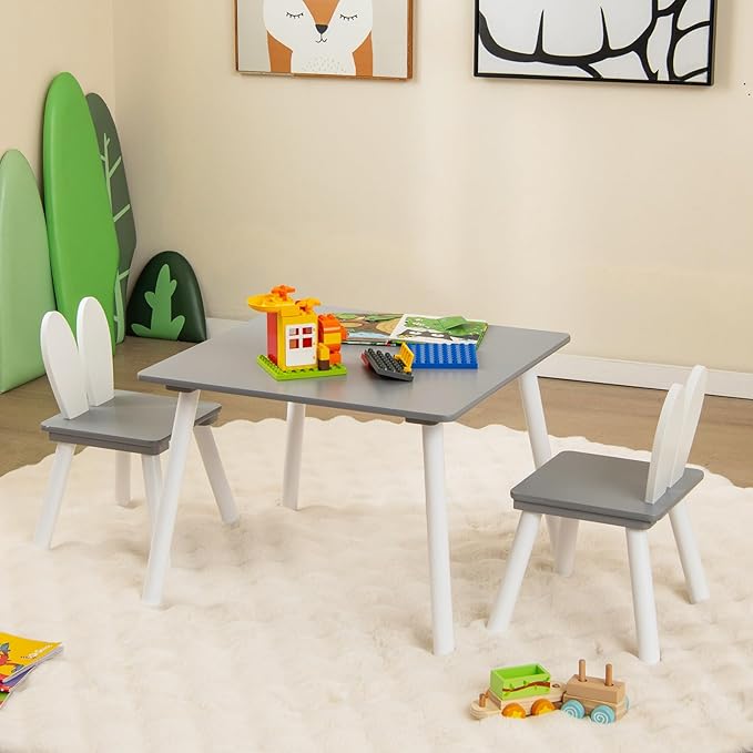 Costzon Kids Table and Chair Set, 3 Pieces Wooden Activity Table & 2 Rabbit