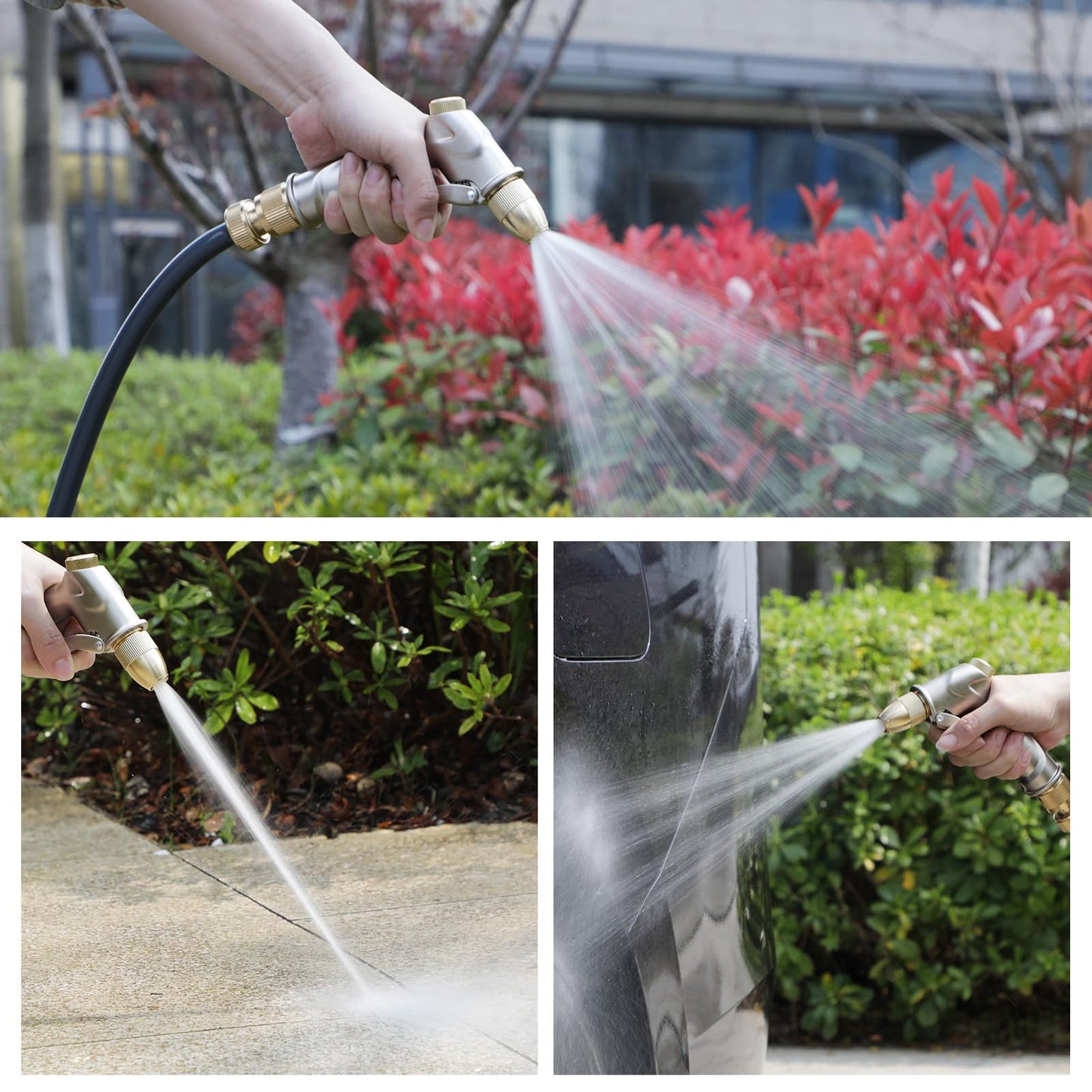 Garden Hose Nozzle with Full Brass Nozzle, 100% Metal Hose Sprayer with 4 Adjustable Patterns, Heavy Duty Water Nozzle for Garden, Lawns, Cars, Showering Pet & Windows