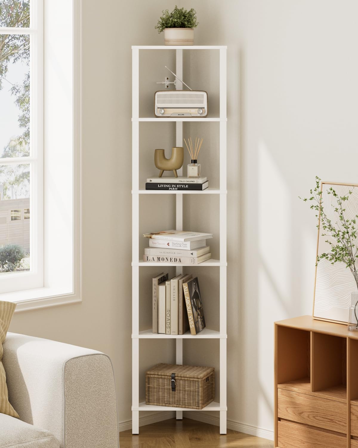 Apetaccat Corner Shelf, 6-Tier Corner Bookshelf, Narrow Display Shelf with Storage Rack,Wood Corner Book Shelf for Living Room, Bedroom, Office, White