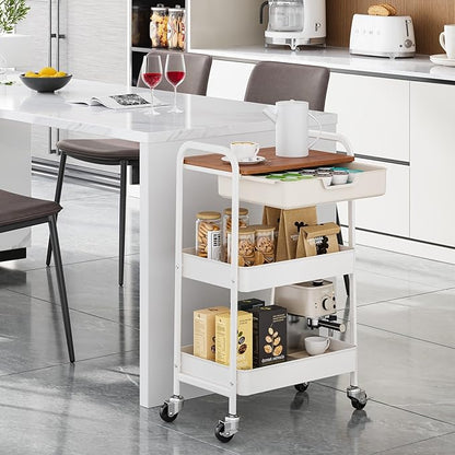 TOOLF 3 Tier Metal Utility Rolling Cart - White Storage Cart with Drawer and Wooden Table Top, Trolley Kitchen Organizer Rolling Desk with Locking Wheels for Office, Classroom, Home, Bedroom