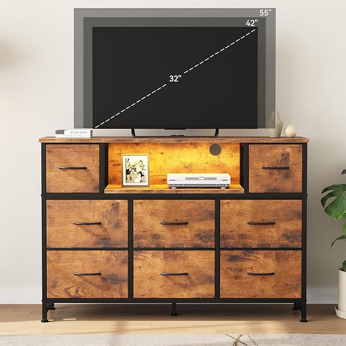 DUMOS TV Stand Dresser with 8 Fabric Drawers and Open Shelves, LED