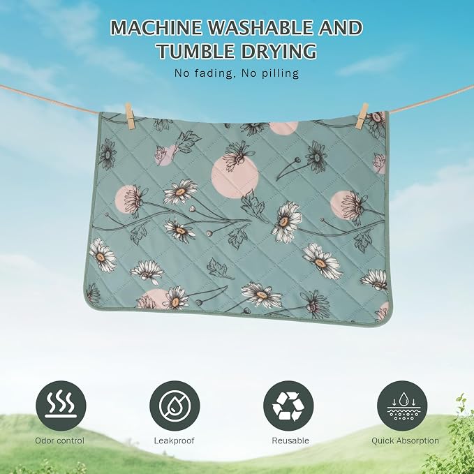 IEUUMLER Washable Pee Pads for Dogs, 2 Pack Non-Slip & Waterproof Pack Whelping Pad, Reusable Washable Puppy Potty Training Pad with Fast Absorbent for Playpen EU007 (Green Daisy, 30"X34"-2pcs)