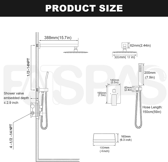 Brushed Gold Shower System with 12-Inch Rain Showerhead and Tub Spout | cUPC-certified pressure balance brass valve to prevent scalding, CEC-certified air injection technology for low pressure