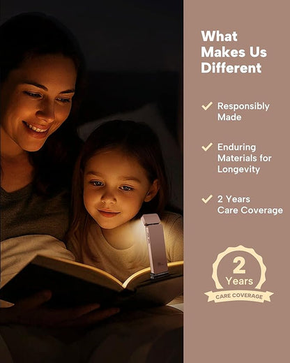 86lux Book Light, Rechargeable Clip-On LED Reading Light for Bed & Night Use - 3 Color Temperatures with Stepless Dimming, Ultralight Bookmark Design for Kids, Book Lovers, Pink Brown
