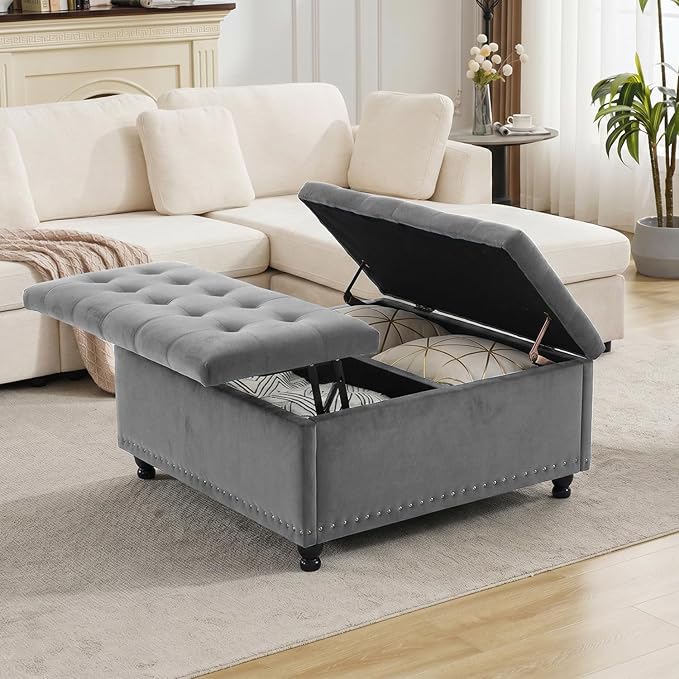 Tbfit Large Square Storage Ottoman Bench, Tufted Upholstered Coffee Table