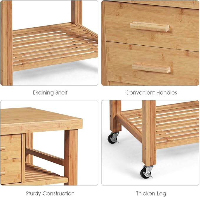 Giantex Kitchen Island, Bamboo Island Cart, Kitchen Trolley Cart on Wheels
