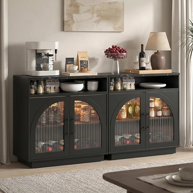 Sideboard Buffet Cabinet with Storage, Wine Bar Cabinet with Arched Glass Doors