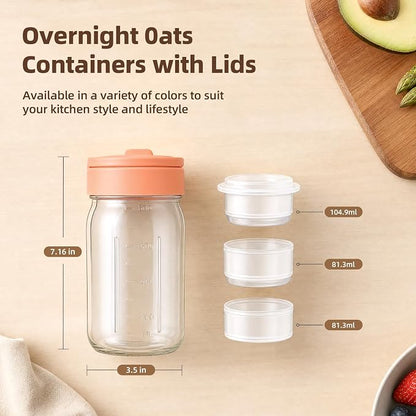 TQRR 32 OZ 4 Pack Overnight Oats Containers with Lids, Glass Storage Jar with Dry and Wet Separation, Leakproof Wide Mouth Mason Jars, Glass Jars with a Handle for Salads,Yogurt (2, Beige & Pink)