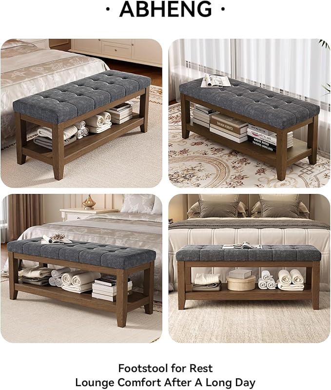 ABHENG Solid Rubber Wood Shoe Bench, Soft Chenille Material Upholstered Seat
