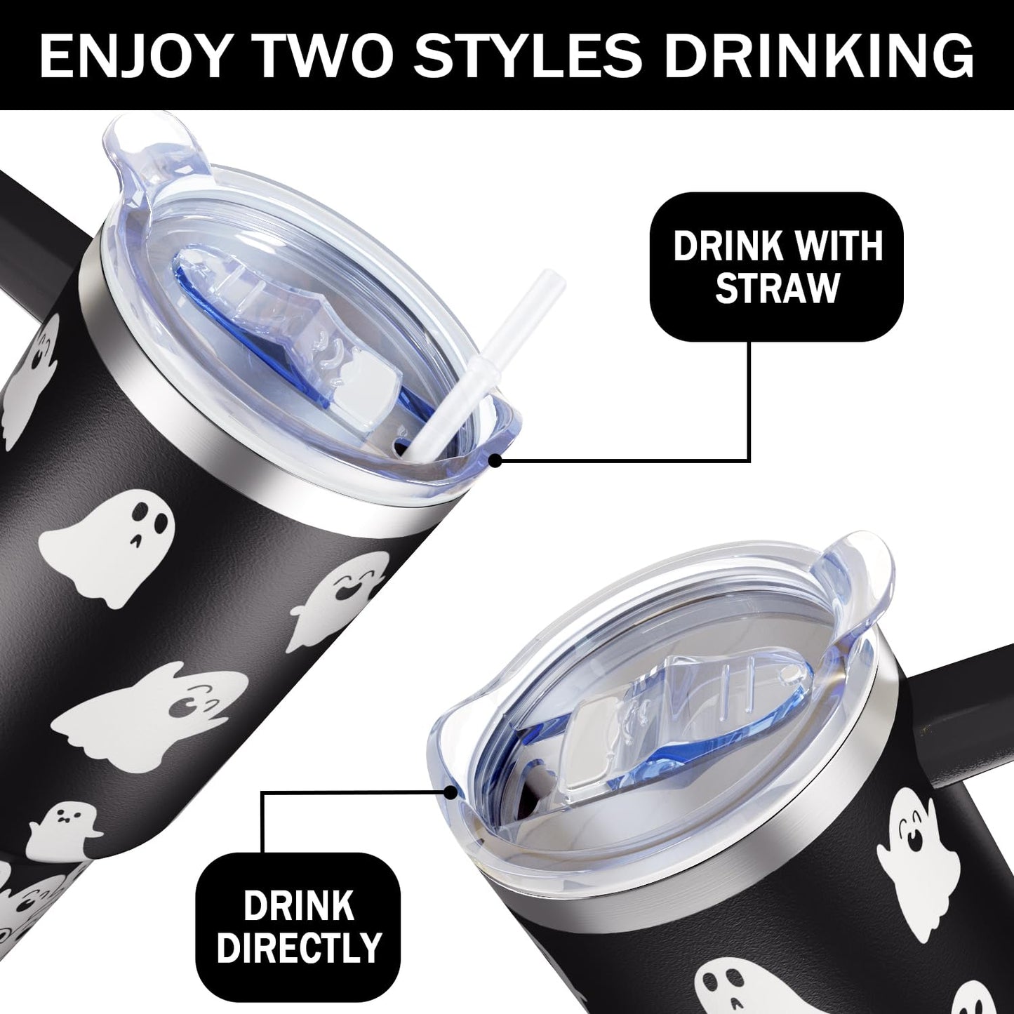 Hqhzaha Halloween Tumbler 40oz Cute Ghost Spooky Tumblers with Lid and Straw Halloween Spooky Gifts for Women Men Stainless Steel 40 Oz Coffee Cup Cute Spooky Gift for Adults