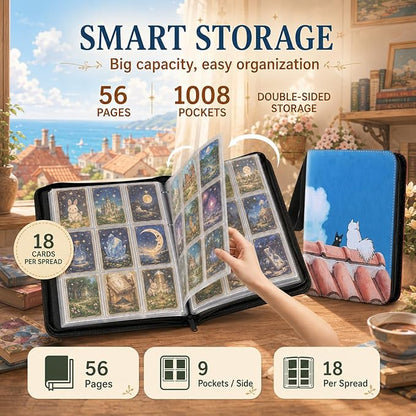 1008 Cute Card Binder 9 Pocket, 3-Ring Trading Card Binder with 56 Page Removable Sleeves, High Storage Waterproof Trading Card Holder Collection Card Album Organizer Case for TCG Cards - Cat