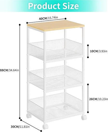 HapiRm Fruit Basket Kitchen Cart - 4-Tier Rolling Storage Cart with Wheels, Wood Top Utility Pantry Cart for Vegetables, Potatoes, Onions, Bread, Snacks