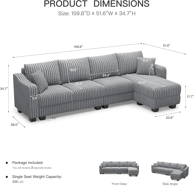 Belffin Sectional Couch with L-Shape Chaise L Shaped Couch with Ottoman