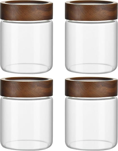 12 oz/350 ml Clear Glass Storage Canister with Airtight Wooden Lid, Small Overnight Oats Containers, Cute Decorative Salad Jar for Snacks Yogurt Spice Sugar Cereal Fruit Coffee Tea -4 Pack