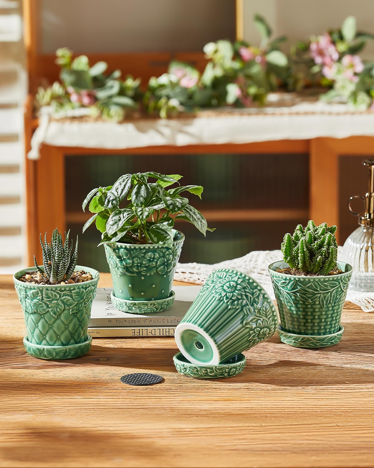 Metahom Succulent Ceramic Pots, 3.8 Inch Small Plant Pots with Drainage Hole & Saucer, Flower Planter Pot for Indoor Plants Cacti, Home Decor, Set of 4, Green