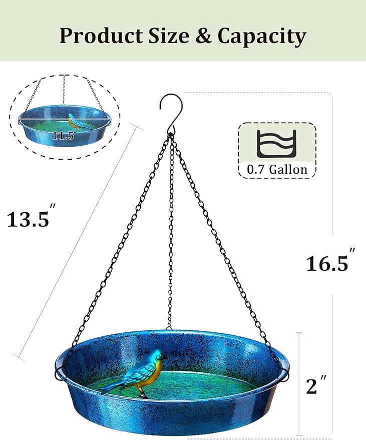 Hanging Bird Bath for Outdoor, Blue & Green Metal Birdbath Bird Feeder Garden Decor Yard Art (11.5" Dia)