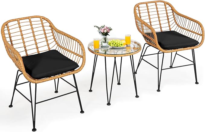 Tangkula 3 Pieces Patio Bistro Set, Rattan Conversation Set