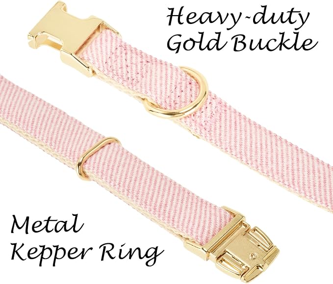 Luxury Soft Cotton Tweed Fabric Dog Collar & Leash Set with Gold Buckle – Durable Fabric, Stylish Design for Everyday Walks(Medium Pink)