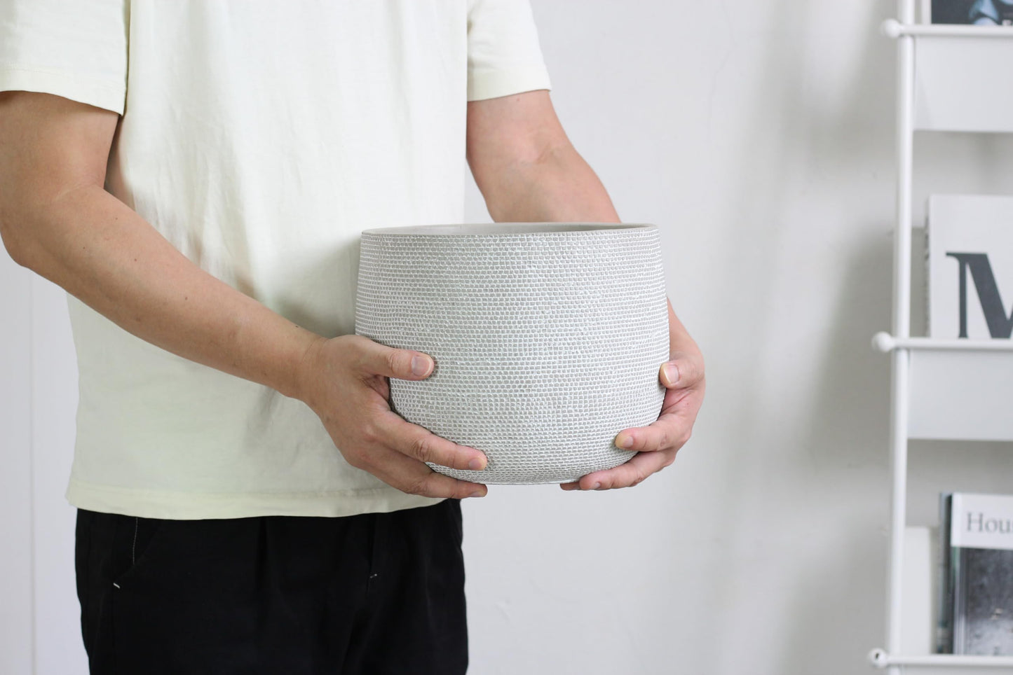 Olly & Rose Barcelona Ceramic Plant Pot Large 25cm 10 Inch - Light Grey Off White Flower Pots - Indoor & Outdoor Planters
