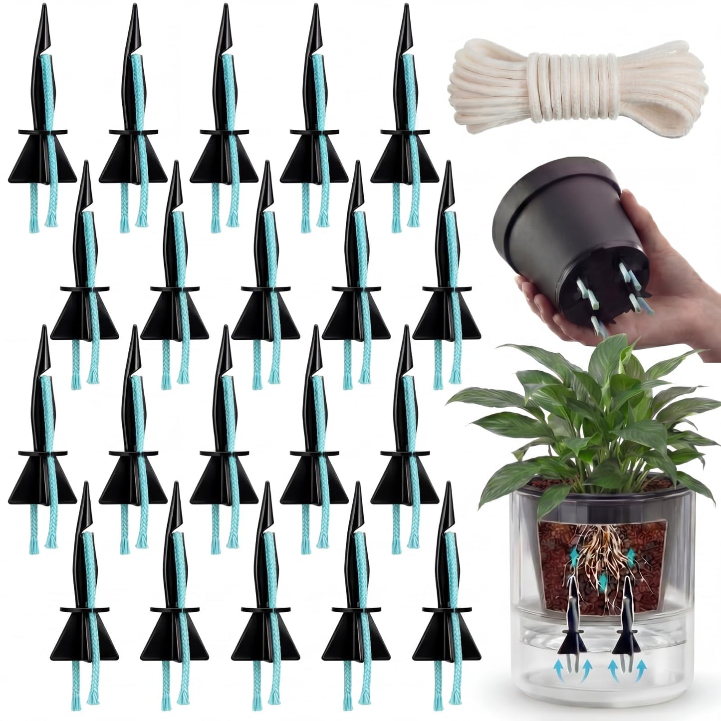Singhoow 20 Pack Self Watering Spikes for Indoor Outdoor Plants, Automatic Plant Watering Stakes with 32.8ft Capillary Wick Rope, DIY Vacation Waterer for Potted Plant Seedling Garden Pot (Small)