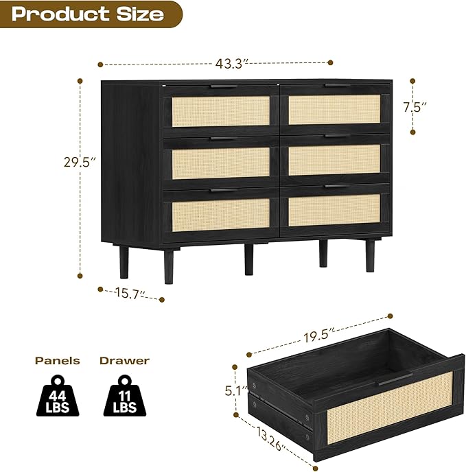 FUQARHY 6 Drawer Dresser Rattan Dresser Modern Chest
