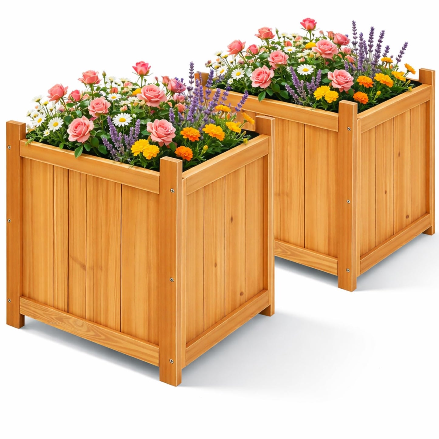 Ultym Set of 2 Wooden Planter Boxes Outdoor, 16.1" Square Fir Wood Flower Planters with Liner, Drainage Holes & Removable Bottom Board, Natural Wood Outdoor Bucket Planter for Patio Porch Yard Garden