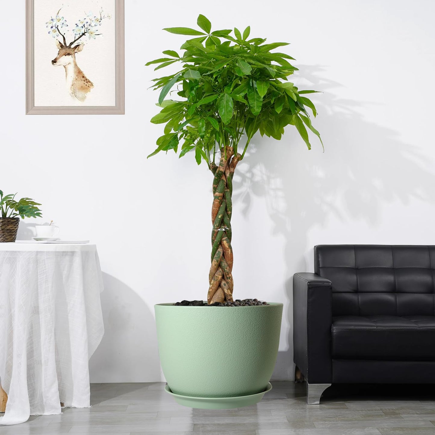 UOUZ 12inch Large Plant Pot, Modern Plastic Planter with High Driange Holes and Saucer for Indoor Outdoor Garden Plants and Flowers, Green