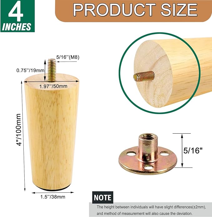 Yaliuliu 4 Inches Round Solid Wood Furniture Legs Set of 4, Natural Wooden