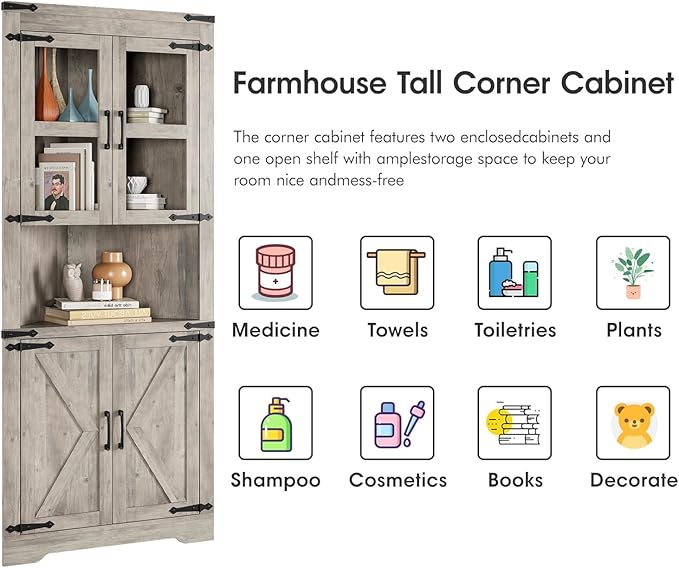 GarveeHome Tall Corner Cabinet, Farmhouse Corner Storage Cabinet