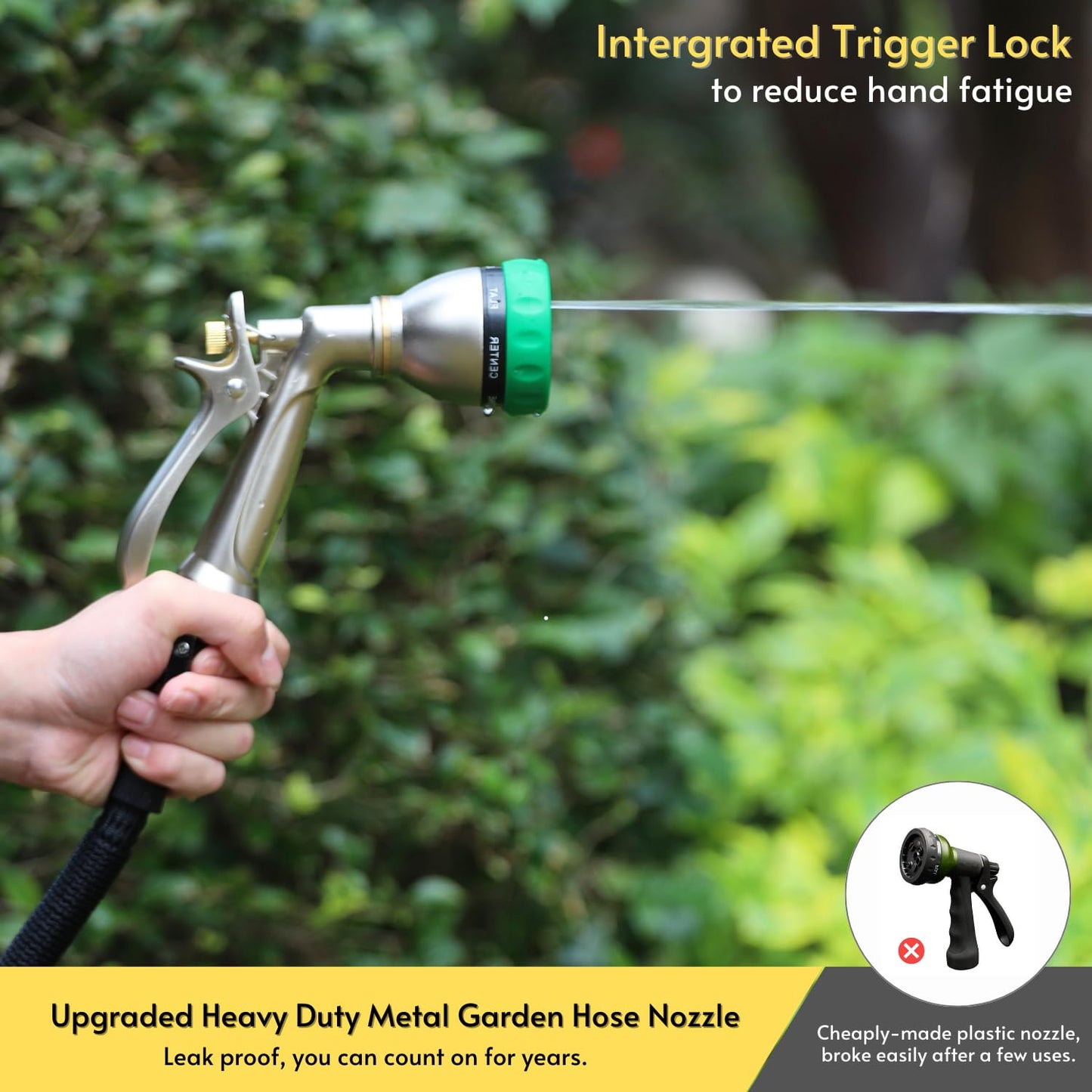 HOSUN 100% Metal Heavy Duty Garden Hose Nozzle Sprayer | 7 Spray Patterns, Lockable Rear Trigger, High Pressure for Plant Watering, Lawn Care, Car Washing & Pet Bathing